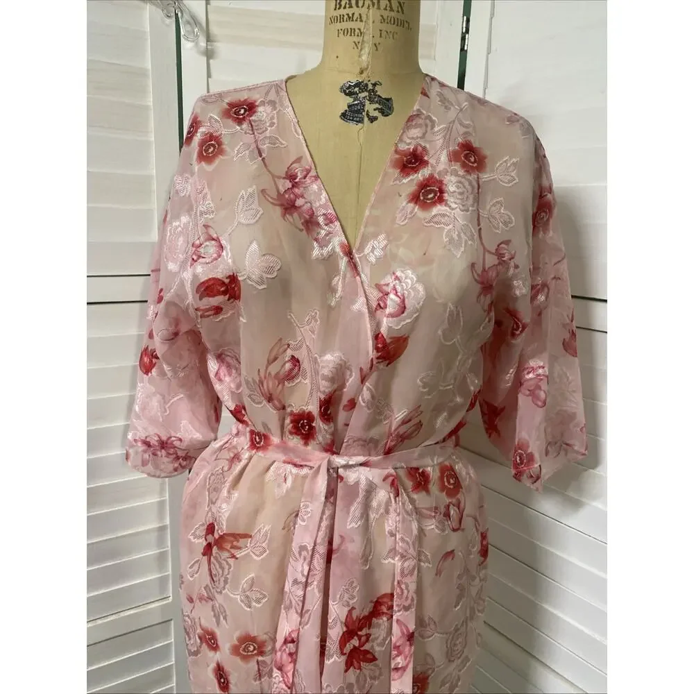 Secret Treasures Pink Floral Belted Robe Kimono Sheer Chiffon Jacquard Sz Small